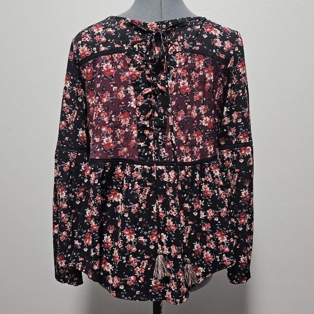 Knox Rose Floral Embroidered Tiered Relaxed Fit Peasant Top Blouse Womens Small - Picture 5 of 12